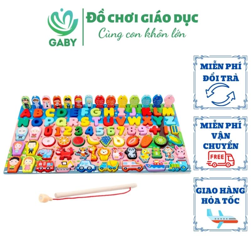 Bảng chữ cái, con số bằng gỗ cho bé 7in1 GABY bộ 7 hàng câu cá, chữ số, hoa quả, động vật, giao thông, gia đình