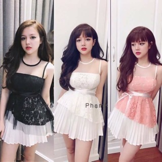 Sét áo ren lưới váy sếp li kèm ảnh thật
