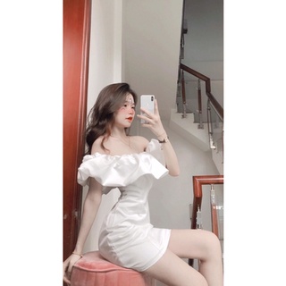 Đầm lụa body bẹt vai phối bèo cực sang chảnh