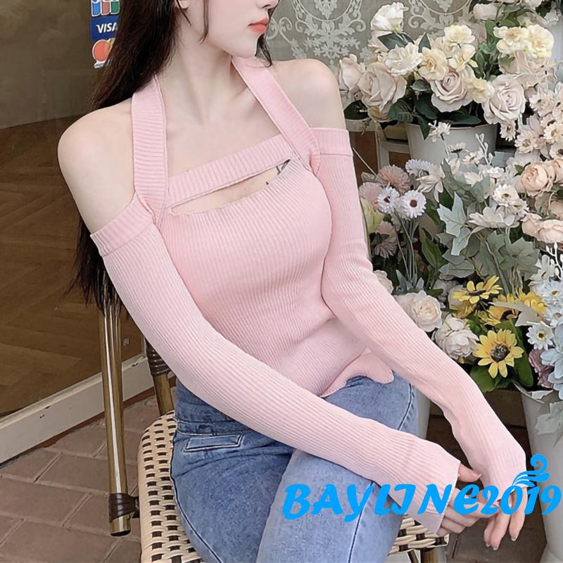 Áo dệt kim tay dài trễ vai màu trơn không đối xứng dành cho người lớn