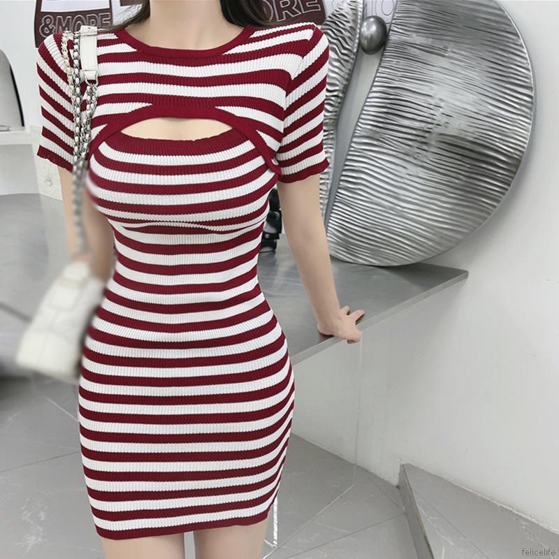 Đầm Dệt Kim Tay Ngắn Cổ Tròn Hoạ Tiết Kẻ Sọc Phong Cách Hàn Quốc