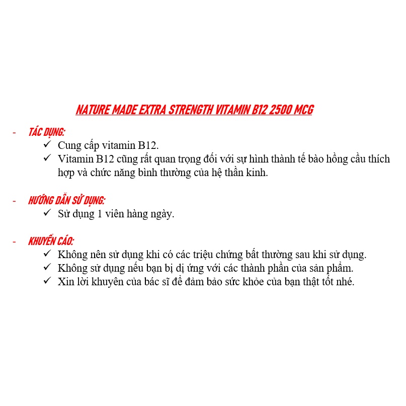 [DATE 03/2023 &amp; 04/2023] NATURE MADE EXTRA STRENGTH VITAMIN B12 2500 MCG 60 VIÊN