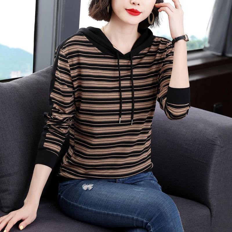 Áo Hoodie Dáng Rộng Họa Tiết Kẻ Sọc Thời Trang Xuân Thu Dễ Phối Đồ Cho Nữ