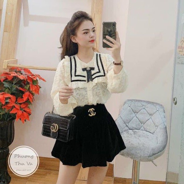 Áo Kiểu Nữ Dài Tay, Phối Viền Tay, Đính Nơ
