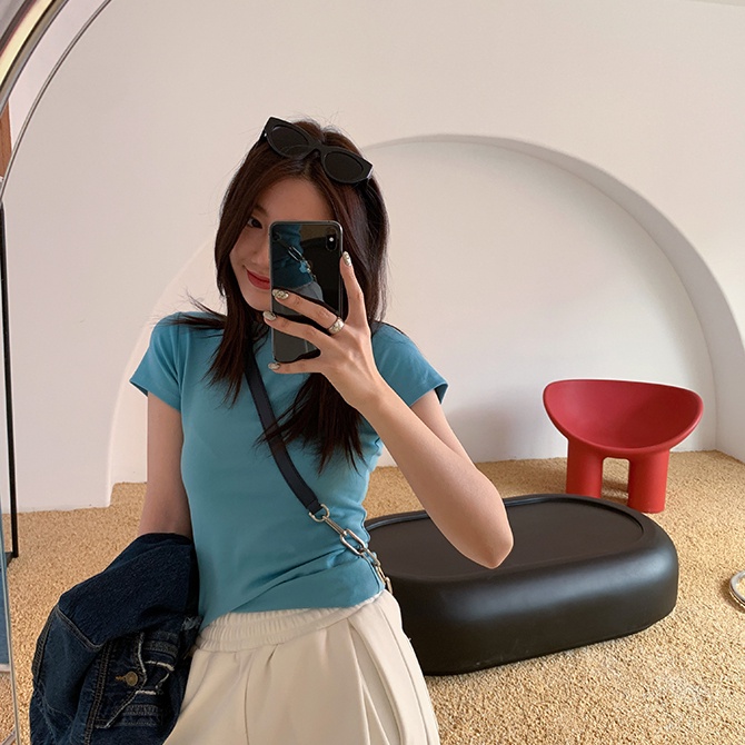 SUXI Áo Thun Tay Ngắn Cổ Tròn Màu Sắc Đơn Giản Cho Nữ