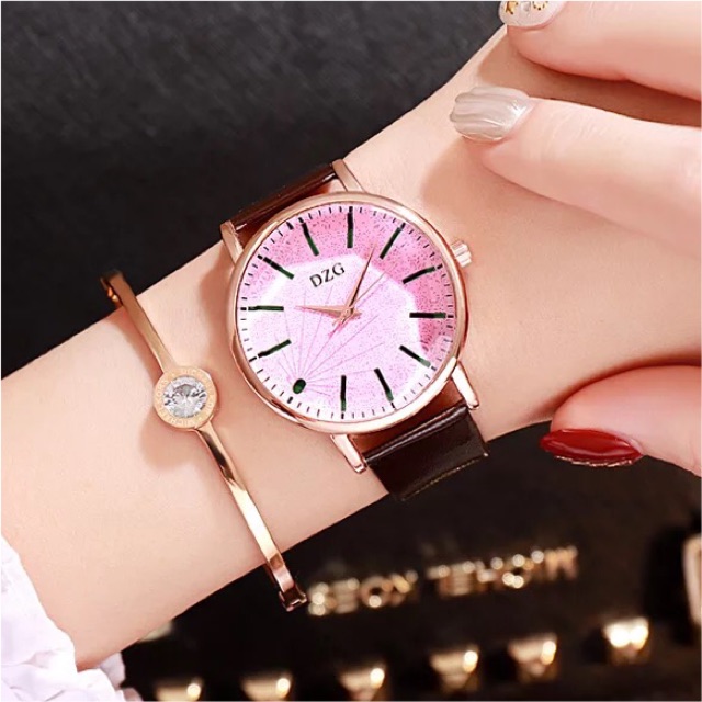 (new) Đồng hồ nữ unisex DZG a4 dây da mặt vát 3D sang chảnh