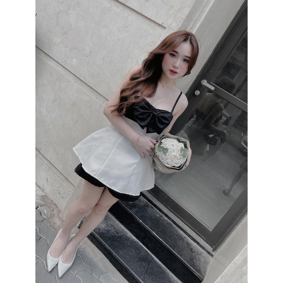 Sét bộ áo 2 dây họa tiết hình nơ đen trước ngực phối quần cộc rộng đen vải mát