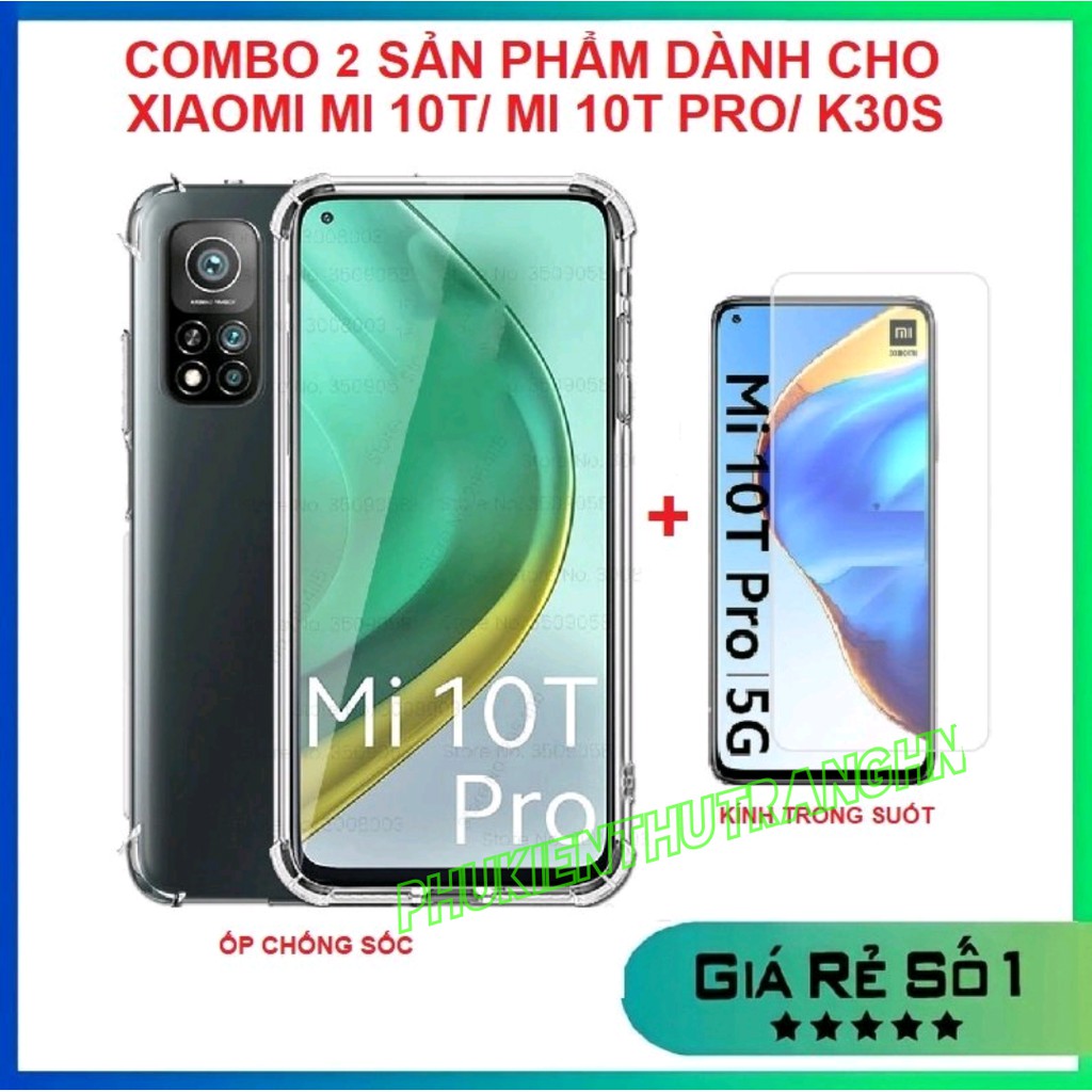 Combo Xiaomi Mi 10T/ Mi 10T Pro/ K30S kính cường lực trong suốt không full màn + Ốp dẻo chống sốc có gờ bảo vệ 4 góc