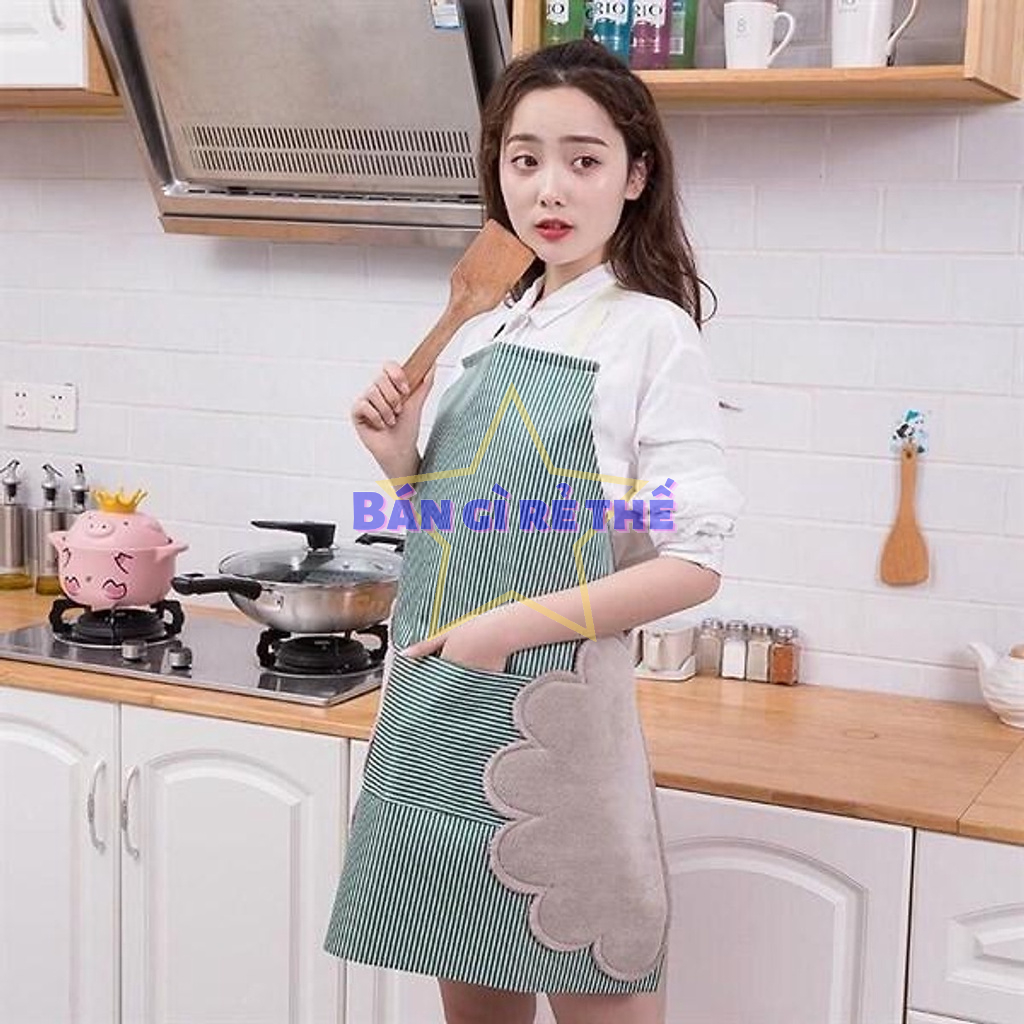 Tạp dề họa tiết kẻ sọc loại dày thiết kế khăn lau tay hai bên hông, chống thấm nước, có túi to tiện dụng
