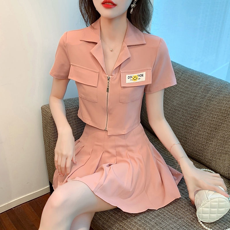 Set Áo Khoác Tay Ngắn + Chân Váy Xếp Ly Thời Trang Hè 2022 Mới Mẻ Trẻ Trung Cho Nữ