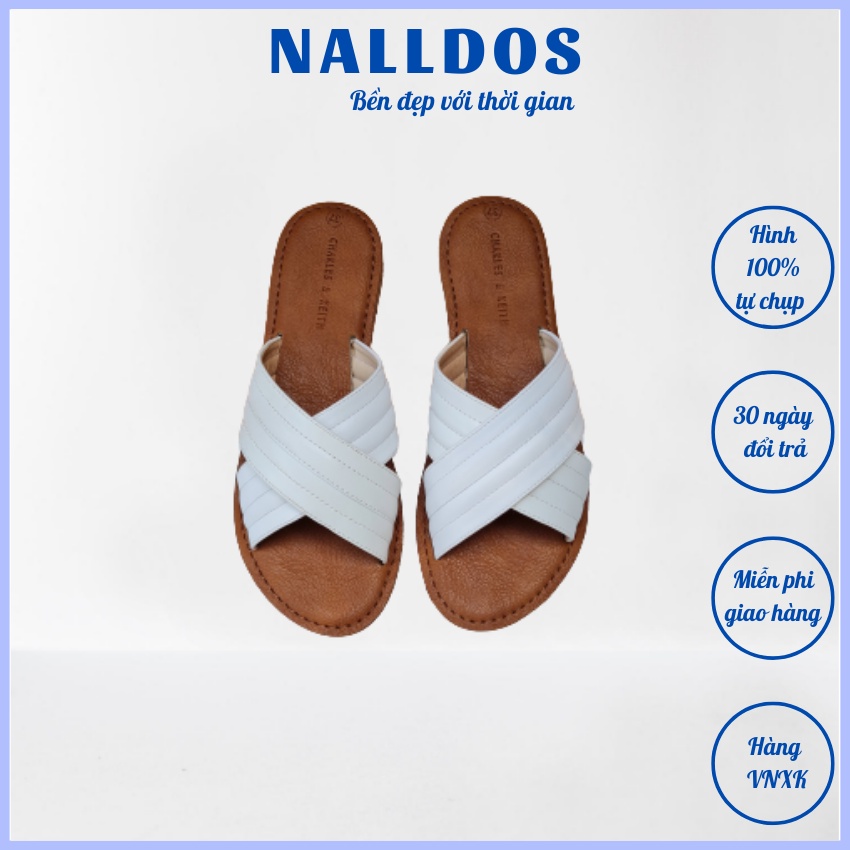 Dép chéo quai lót muos NALLDOS quai da Microfiber đế thấp TPR chống trượt 5 màu Đen, Bò, Trắng, Kem và Vàng