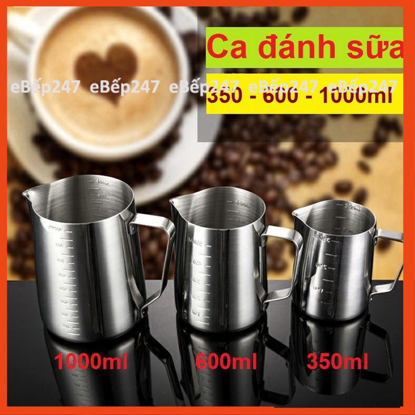 Ca đánh bọt sữa inox cao cấp, siêu bền có vạch chia định lượng 350ml, 600ml, 1000ml  - eBếp247