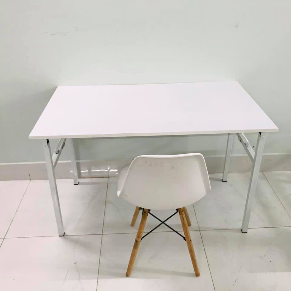 Bàn học xếp gọn mặt gỗ MDF TRẮNG TINH KHÔI CHÂN SẮT MÀU TRẮNG (R50xD100xC75cm) chân sắt vuông 30x30