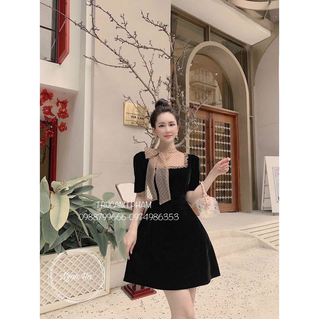 Váy Nhung cổ vuông buộc nơ, chân váy chữ A, đầm nhung dài tay đẹp.