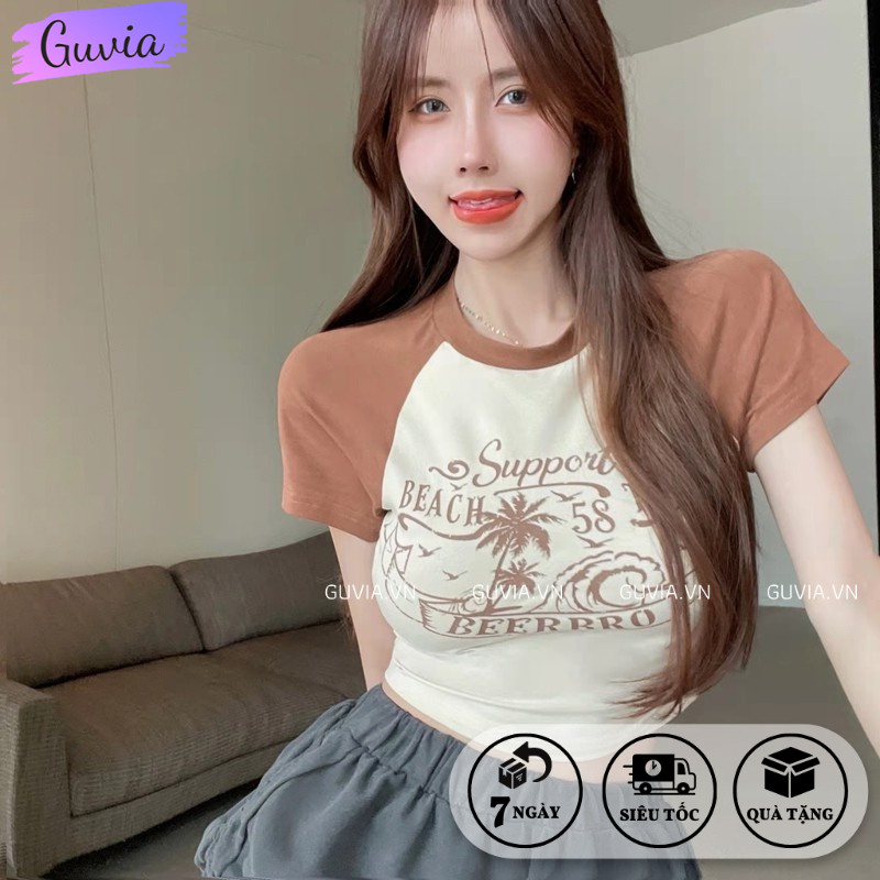 Áo Croptop Ôm Body Nữ BCO Cổ Tròn Tay Ngắn, Áo Thun Croptop Kiểu Sexy In Họa Tiết GUVIA CR62