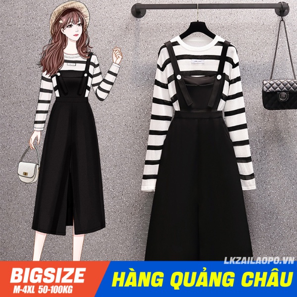 Set đồ nữ ⚡️𝐁𝐈𝐆𝐒𝐈𝐙𝐄⚡️ Áo thun sở sọc dáng suông tay dài kết hợp Đầm yếm dáng dài xẻ tà mùa xuân Phong cách Hàn Quốc Thời Trang sang chảnh cá tính xinh đẹp quảng châu cao cấp