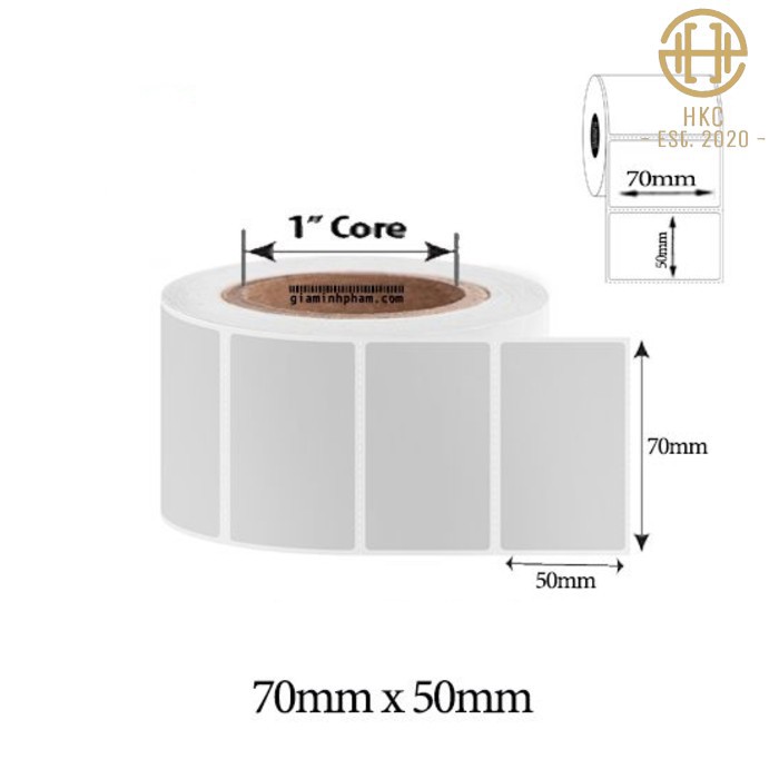 Decal nhiệt in tem nhãn, mã vạch khổ 70x50 mm, cuộn 30m