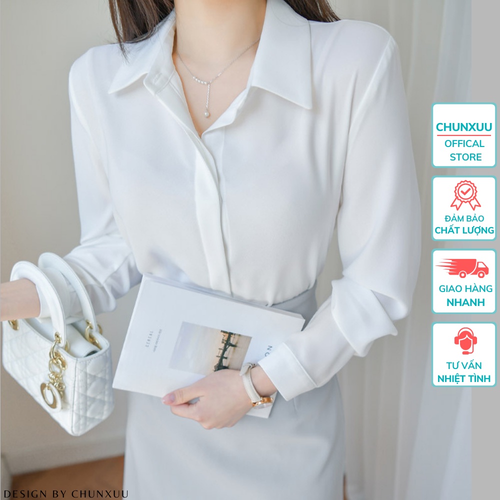 Áo sơ mi nữ tay dài dáng suông giấu cúc kiểu dáng bassic chất vải Lụa Hàn đẹp SM01SP