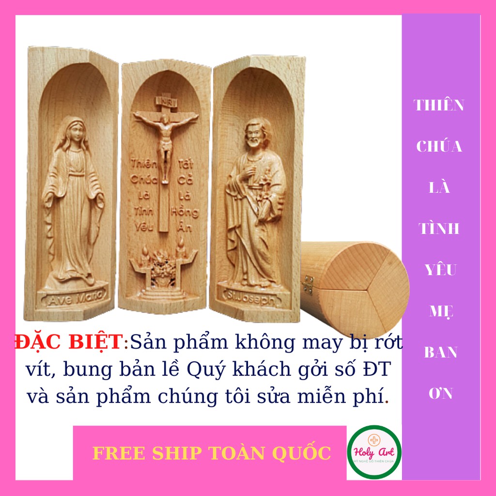 Tượng Chúa chịu nạn-Mẹ ban ơn-thánh Giuse  15x7cm bằng gỗ. Tượng quà tặng, màng theo cầu nguyện, trang trí