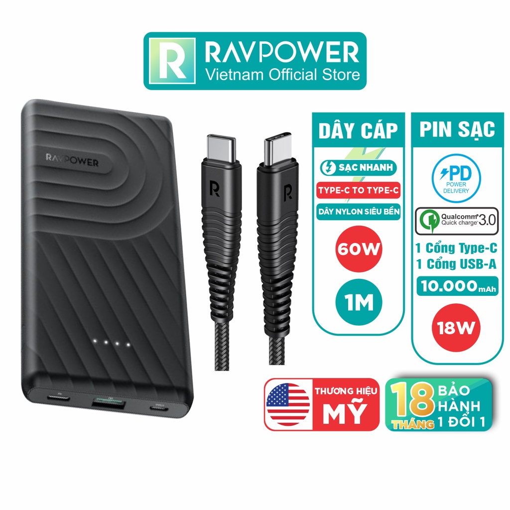 Combo Sạc Dự Phòng RAVPower 10.000mAh PD QC 3.0 18W RP-PB195 Và Cáp Type C to C 60W Dài 1M RP-CB047-B - Hàng Chính Hãng