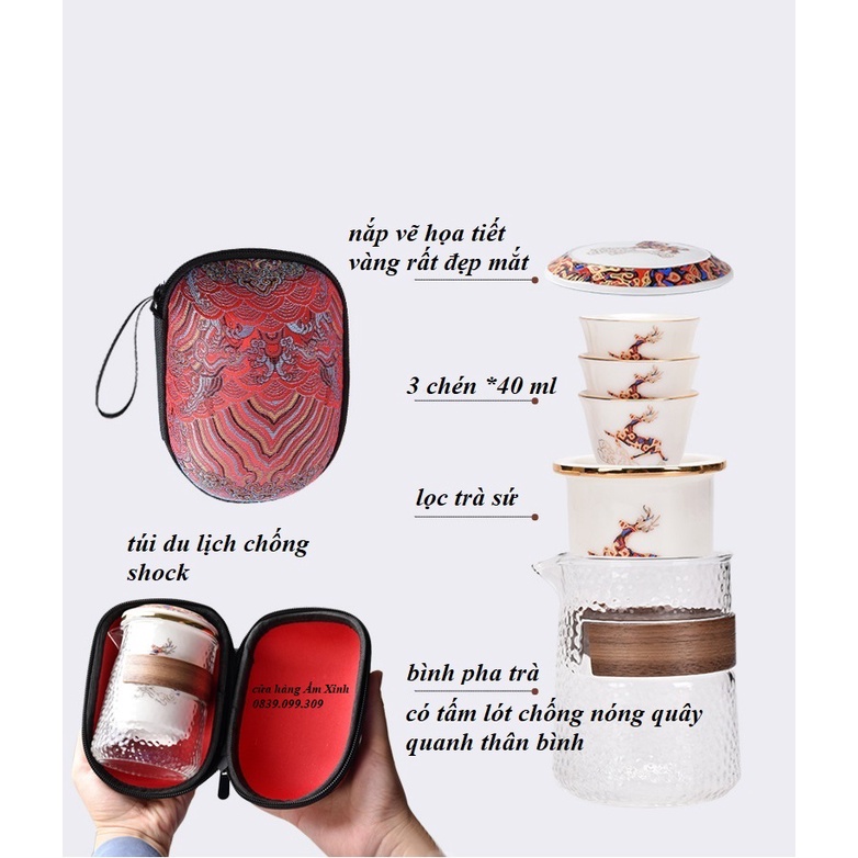Bộ ấm chén pha trà bằng thủy tinh và sứ vẽ họa tiết hươu vàng (Có kèm túi du lịch chống va đập)