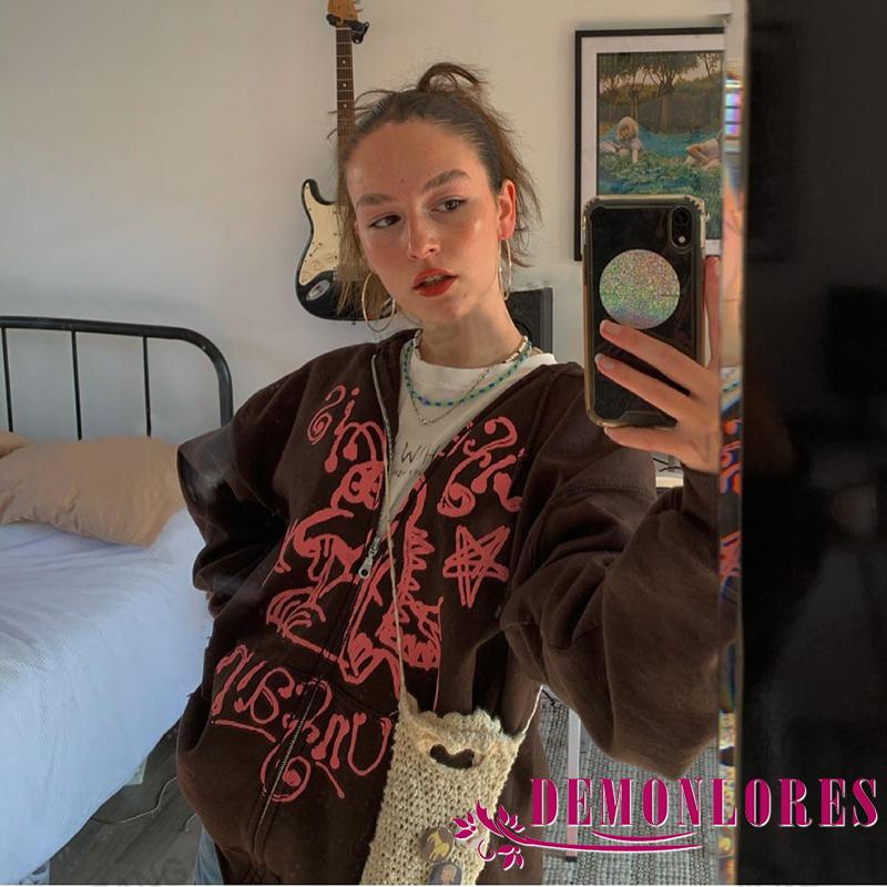 Áo khoác hoodie tay dài in họa tiết graffiti phối khóa kéo sành điệu cho nữ