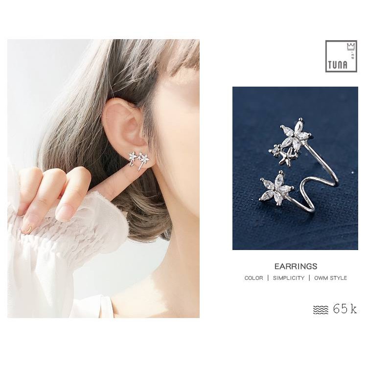 Khuyên tai bạc nữ hình hoa, Hoa tai cao cấp kẹp vành tai, đính đá TUNA SILVER CAM KẾT CHUẨN BẠC