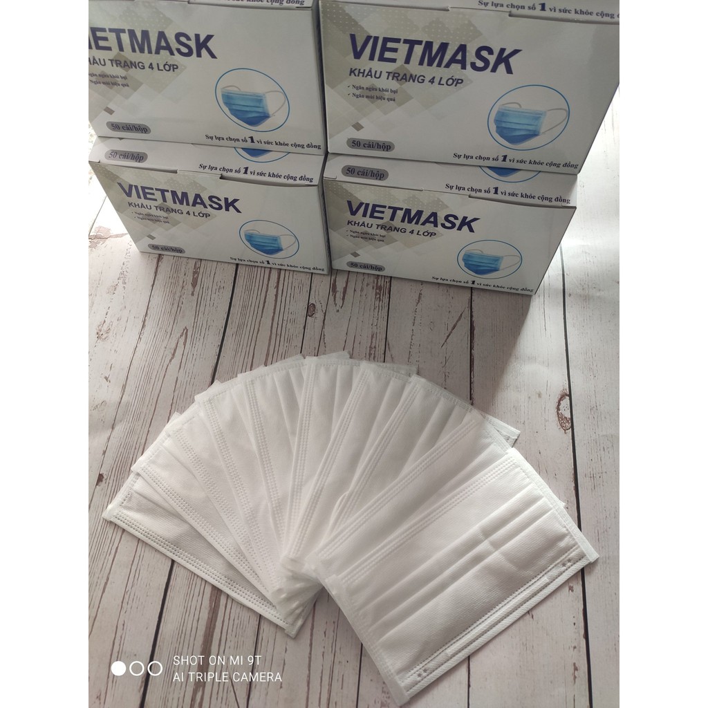 [GIÁ SẬP SÀN] Hộp 50 Chiếc Khẩu Trang 4 Lớp VIETMASK - Trắng - Hàng Dập Bo Viền