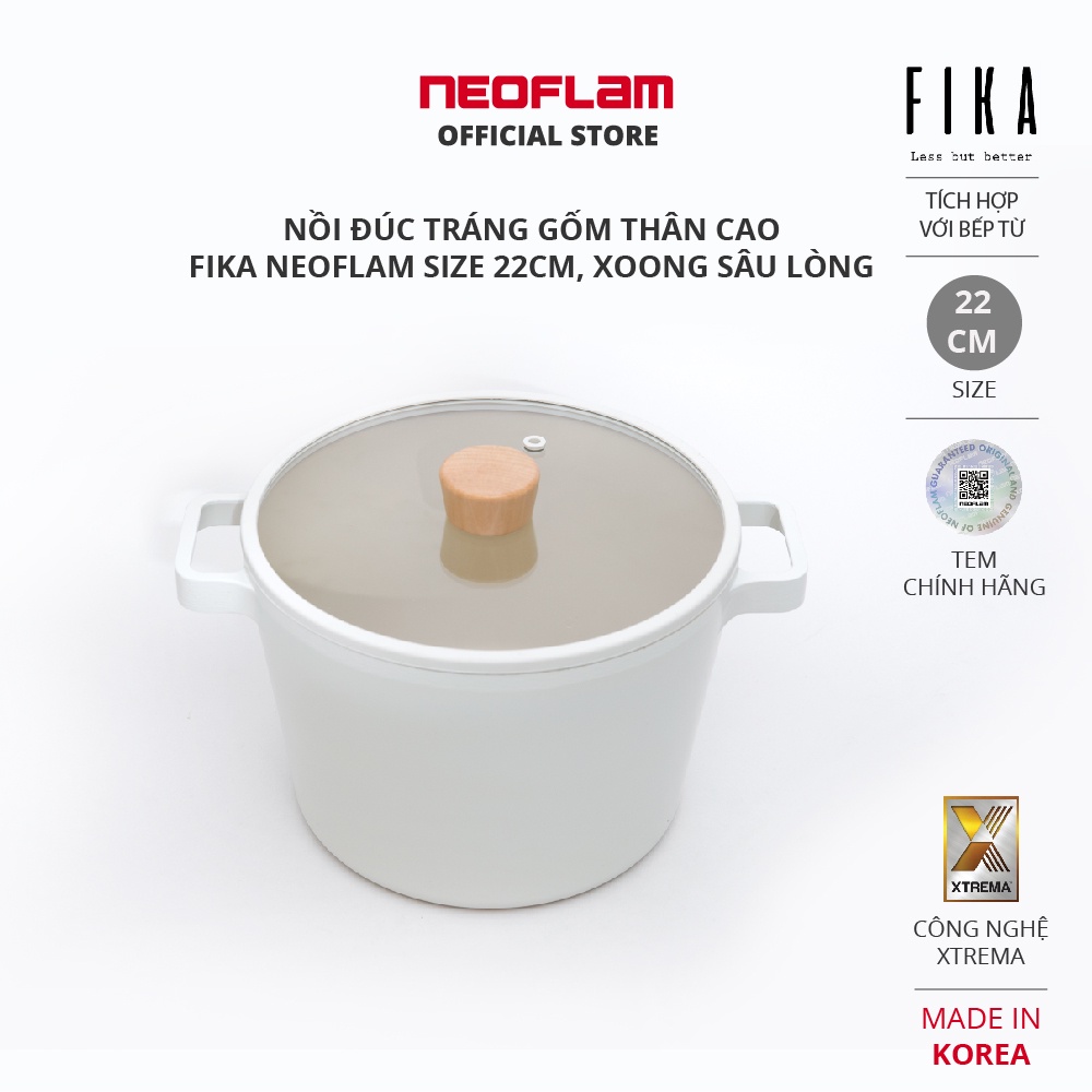 [Mã BMBAU300 giảm 10% đơn 499K] Nồi đúc tráng gốm thân cao Fika Neoflam size 22cm, xoong sâu lòng EKFGD22