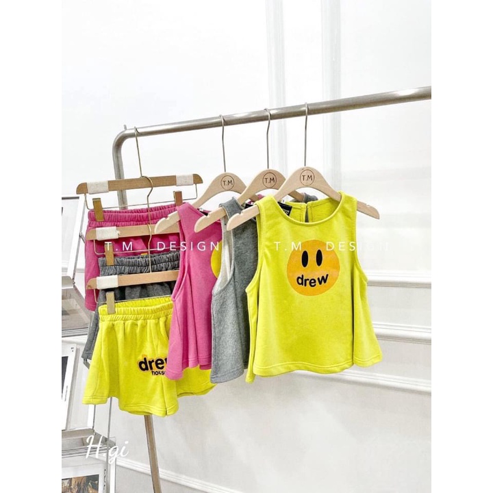 Bộ hè bé gái, bộ áo ba lỗ chất cotton mặt cười Drew cho bé size 15-30kg