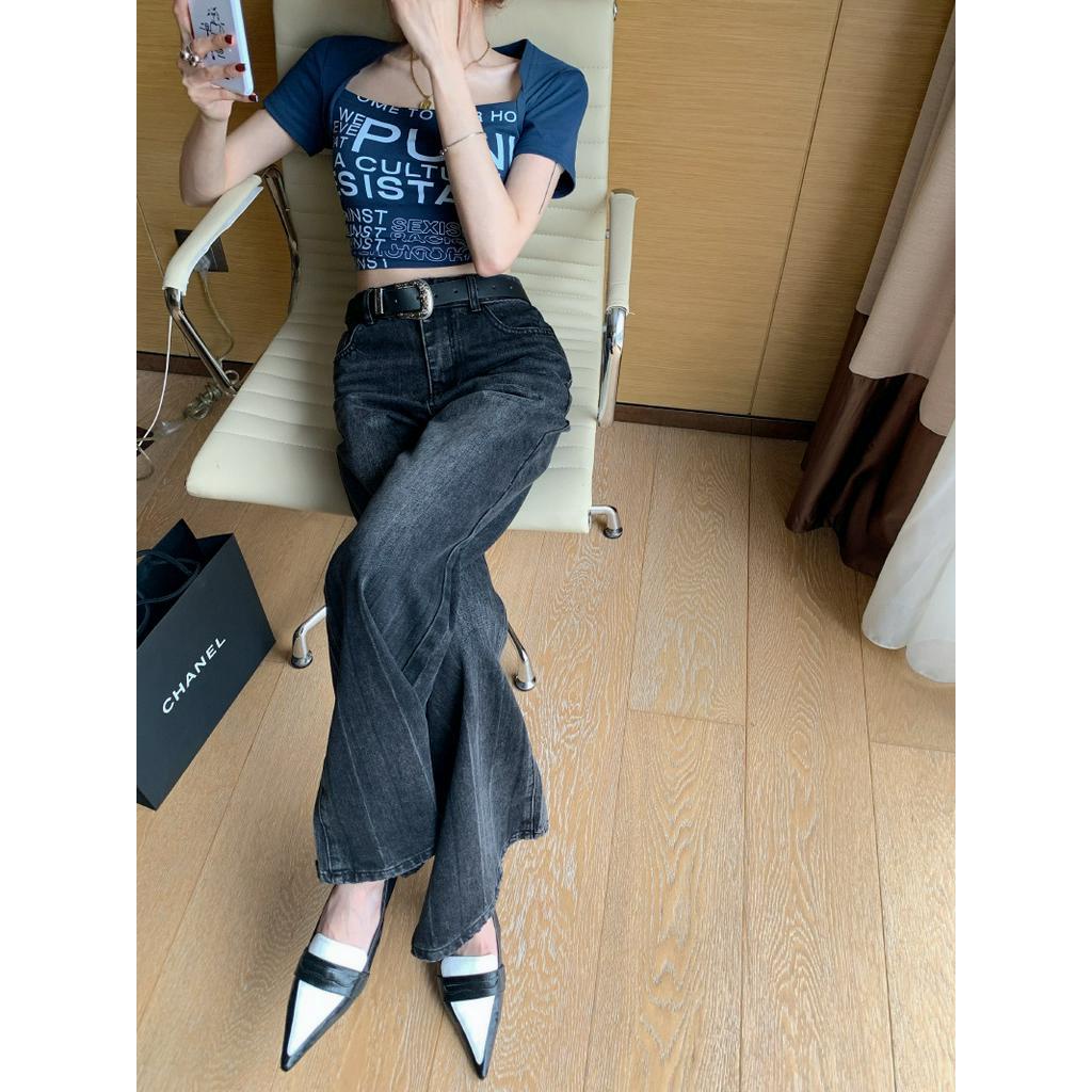 62774 Quần Denim Ống Loe Siêu Nhỏ Màu Đen Đau Khổ