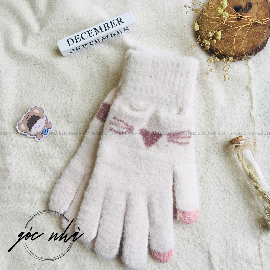 Găng tay nữ CHẤT XỊN sợi len hoạ tiết trai dâu mèo dễ thương giữ ấm dành cho mùa thu đông gt007 gt008