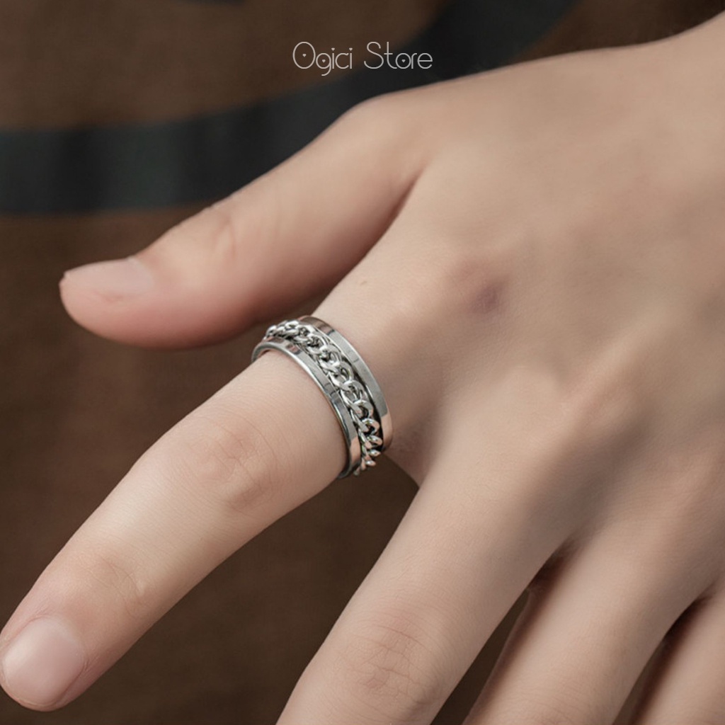 Nhẫn mở bia dây xích mặt xoay độc đáo, Nhẫn nam nữ titan không gỉ thời trang, Unisex