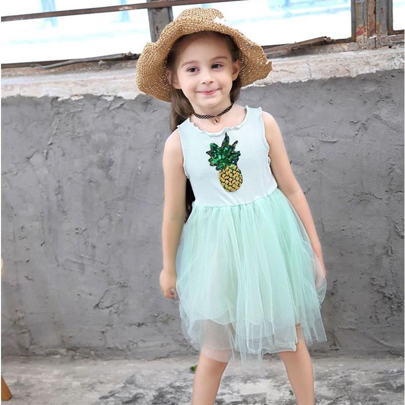 Đầm xòe cộc tay phối họa tiết trái dứa / cầu vồng xinh xắn dành cho bé gái