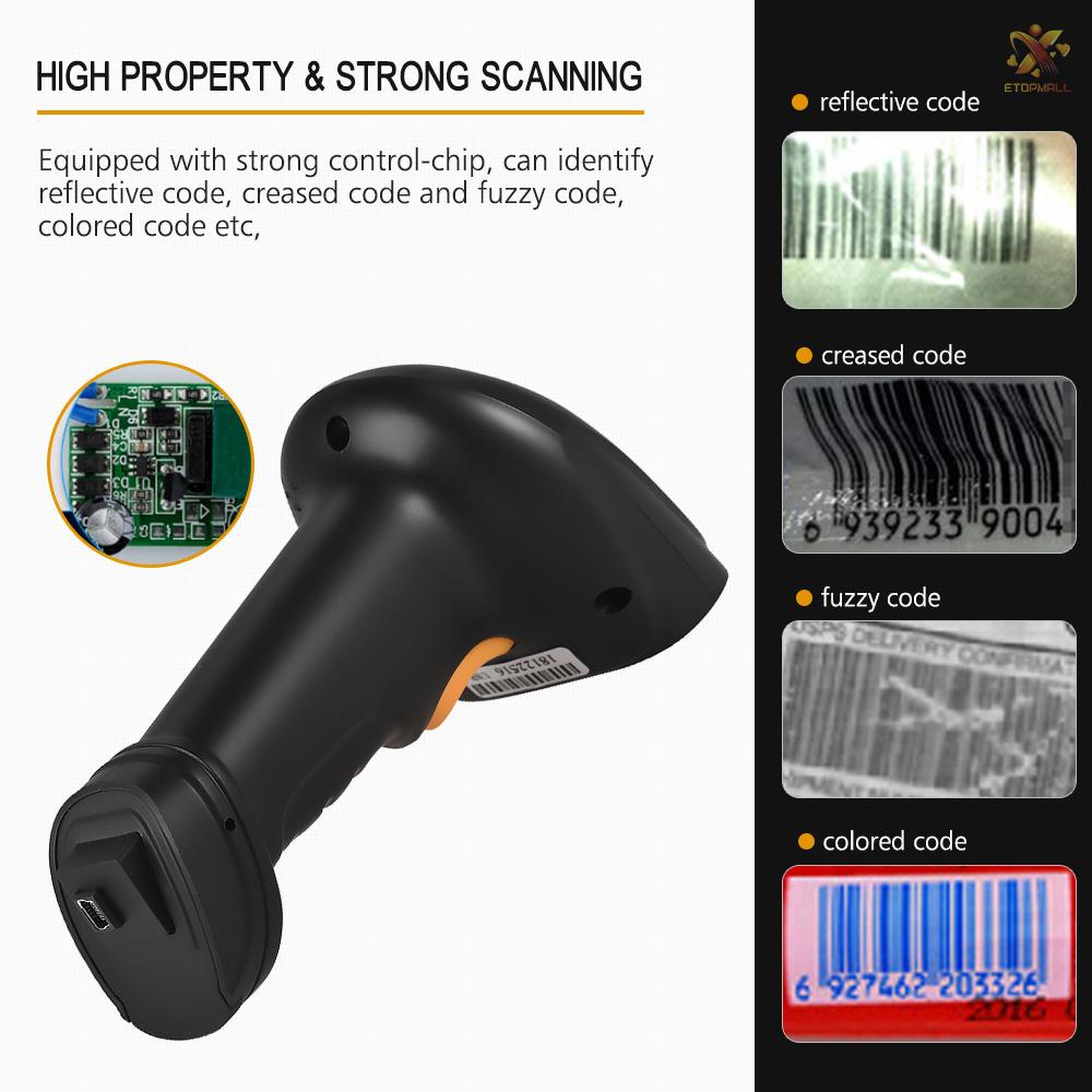 ET Aibecy 2-in-1 2.4G Wireless Barcode Scanner &amp; USB Wired Barcode Scanner Handheld 1D Bar Code Scanner Reader Storage up to 120,000 Bar Code with Rechargeable Battery Mini USB Receiver USB Cable for Computer Laptop