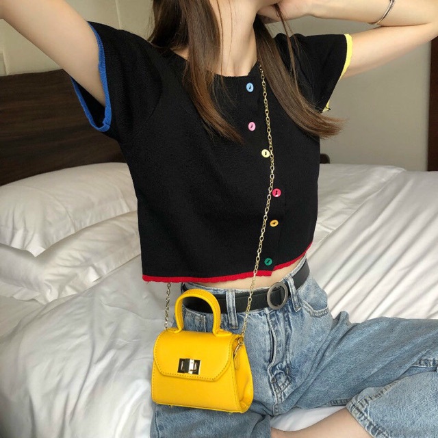 [Mã WASTUP giảm 10% tối đa 30K đơn 99K] Áo thun giấy croptop Ulzzang cúc nhiều màu phối viền | BigBuy360 - bigbuy360.vn