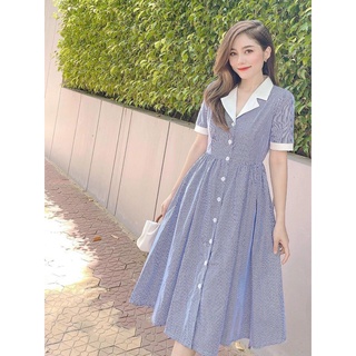 Đầm xòe sọc cổ trắng