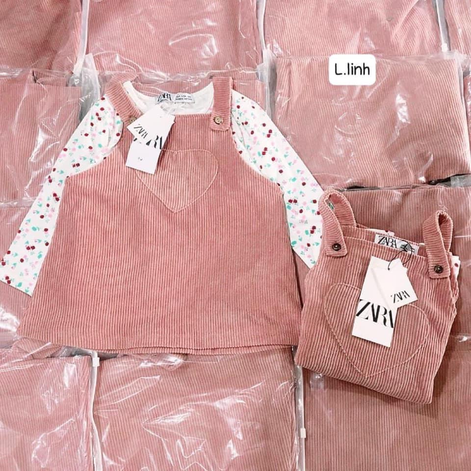 Set váy yếm nhung tăm kèm áo thun cotton Zara xuất dư bé gái