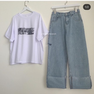 Quần Baggy Jeans Ống Rộng Gập Lai Rách Hông