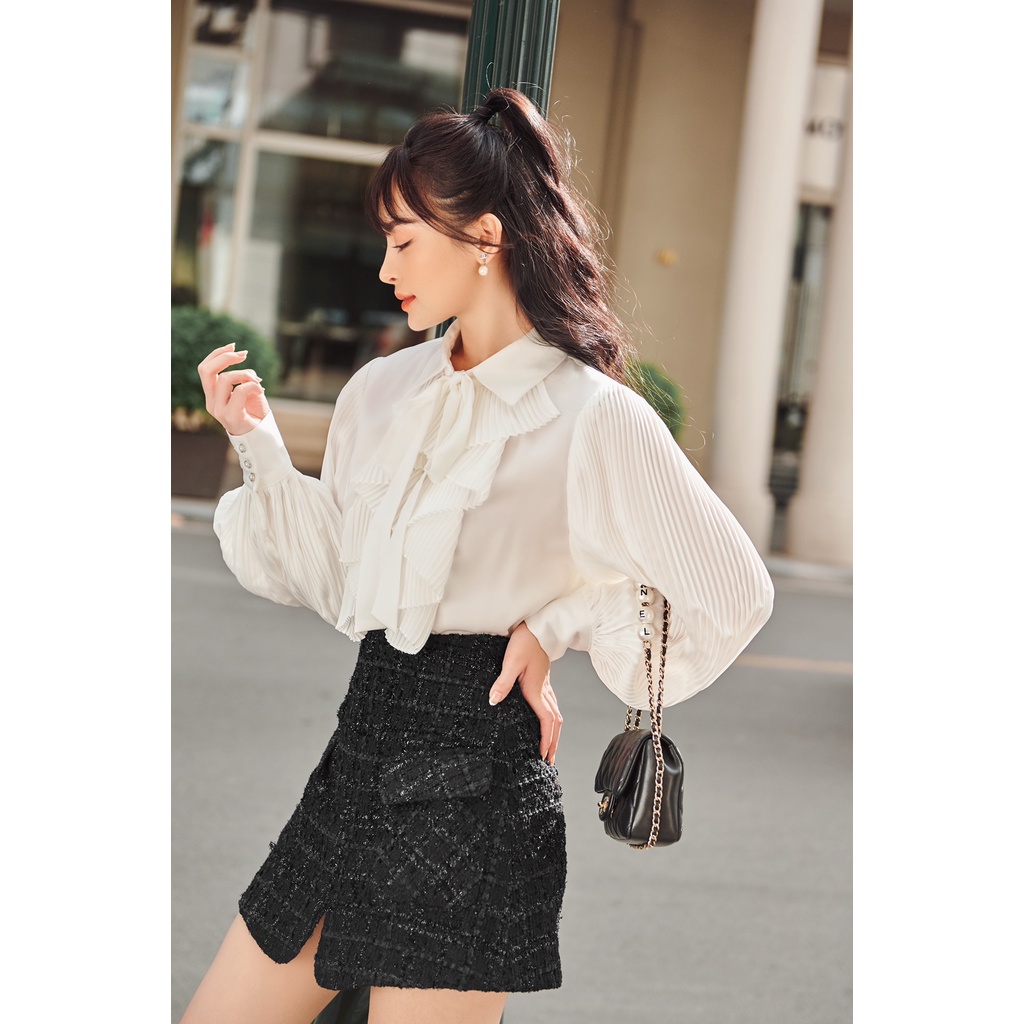 Áo sơ mi lụa tơ tằm nữ HUONG BOUTIQUE HBSM857 cổ nơ, dập li ngực