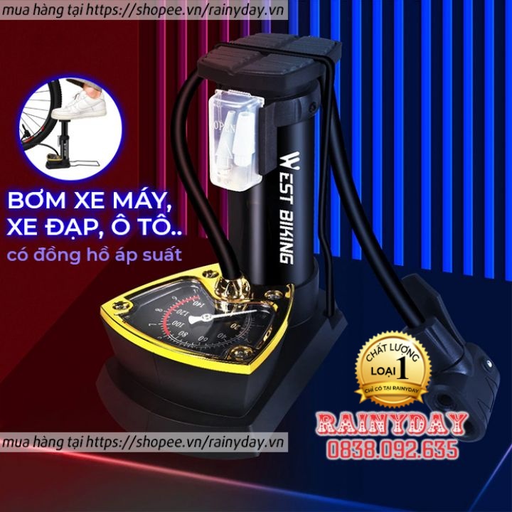 Bơm xe máy đạp chân, bơm xe đạp mini cầm tay đạp chân 1 ống hơi có đồng hồ cho ô tô thể thao đa năng