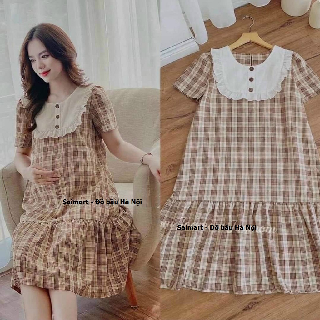 Váy bầu, đầm bầu thiết kế công sở, kẻ caro cực xinh, tông màu nâu pastel dịu mát - sang chảnh. Freesize dưới 70kg