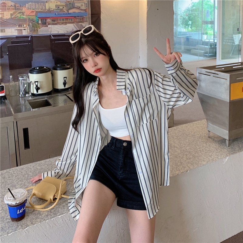 SUXI Áo Sơ Mi Nữ Dài Tay Họa Tiết Sọc Dọc Thời Trang