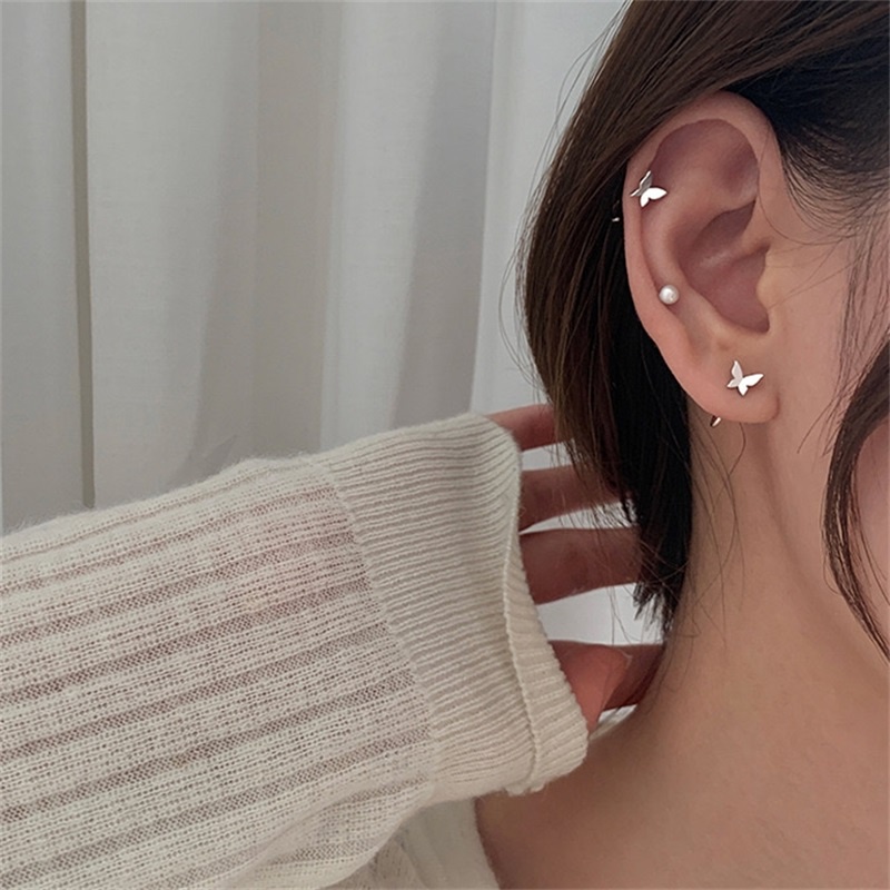 Hàng có sẵn Khuyên tai bạc S925 thiết kế hình bướm đơn giản tinh tế phong cách mới