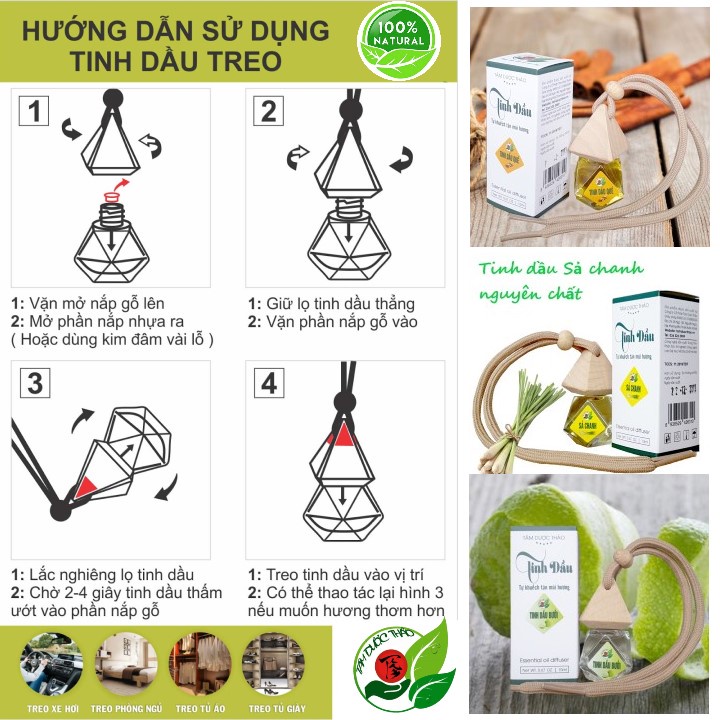 Tinh dầu tự khuếch tán 10ml Tâm Dược Thảo (Tùy chọn Sả chanh , Quế , Bưởi) - Thơm phòng khử mùi treo xe ô tô - HS Shop