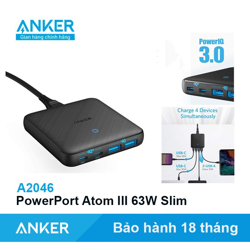 Sạc ANKER PowerPort Atom III Slim 65W 4 Cổng PIQ3.0 PPS Mã A2046