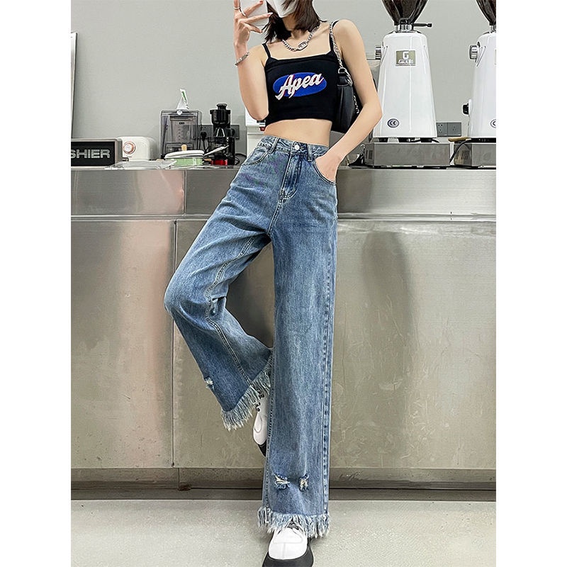 Jiashucheng Quần Jean Nữ Ống Rộng Lưng Cao Phối Tua Rua Phong Cách Harajuku Đường Phố