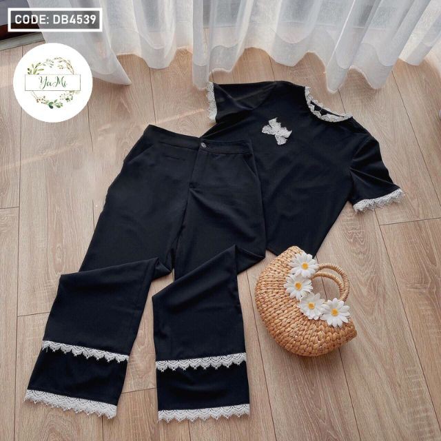 Set Đồ Bộ Mặc Nhà Phối Ren - Vải Lụa Tuyết Cao Cấp - Vải Dày Dặn - 8 Màu - Form Quần Ống Rộng Sang Chảnh | BigBuy360 - bigbuy360.vn