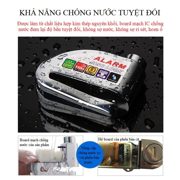 Khóa Đĩa Xe Máy, Xe Đạp Cảm Biến Báo Động Chống Cắt Chống Nước IP65 Chuẩn CE ROSH