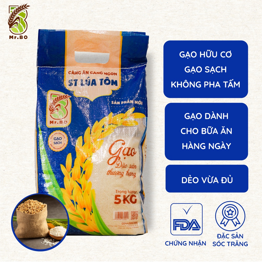 Gạo ST Lúa Tôm Mr.Bo Túi 5kg Cơm Thơm mềm Dẻo